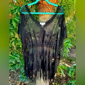 Rachel Zoe BOHO Jet Black Lace Cover Up Fringe Beautiful!  One Size